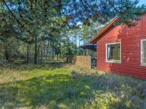 une maison rouge dans un champ à côté d'une forêt dans l'établissement Holiday Home Dorreth - 800m from the sea by Interhome, à Mølby
