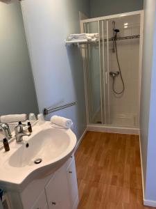 a bathroom with a sink and a shower at HOTEL Restaurant LE CALDERO in Montpon-Ménestérol +6 photos