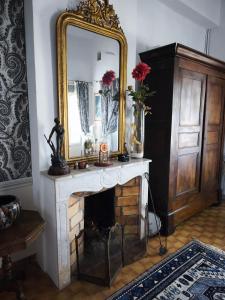 ein Wohnzimmer mit einem Kamin und einem Spiegel in der Unterkunft Chambre d'hôte atypique in La Garde