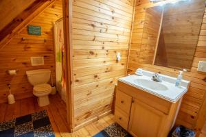 a bathroom with a toilet and a sink in a log cabin at Serene & Cozy 3bd Cabin- Dogs Welcome, Hot Tub, Mins to Parkway in West Jefferson +20 photos