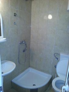 a bathroom with a shower and a toilet and a sink at Apartments Dukat in Ulcinj