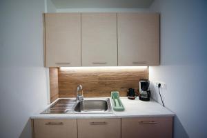 une cuisine avec un évier et des armoires en bois dans l'établissement Tsakalof 10 Kolonaki by Zeus Suites, à Athènes