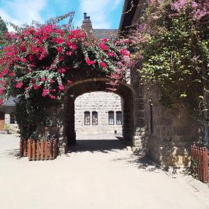 an archway with pink flowers on a brick wall at Dinu Homes Stay in Haputale