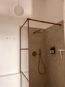 une douche avec une porte en verre dans une salle de bain dans l'établissement Loft-style design apartment in the heart of Berlin, à Berlin