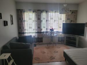 a living room with a flat screen tv and a couch at Hossanraitti in Kuusamo