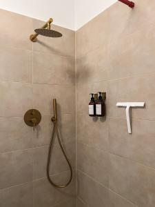 une douche avec pommeau de douche dans une salle de bain dans l'établissement Loft-style design apartment in the heart of Berlin, à Berlin 22 autres photos