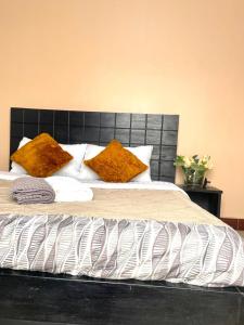 Elle comprend un grand lit avec des oreillers bruns. dans l'établissement The Peace Haven, à Kampala