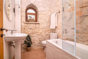 a bathroom with a sink and a toilet and a shower at Villa Artemisia by Villa Plus in Koiliomenos +13 photos