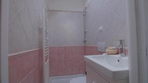 bagno con doccia, lavandino e servizi igienici di Appartamenti sul lungomare ad Alba Adriatica
