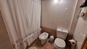 a bathroom with a toilet and a shower curtain at Cabañas frente al lago, lugar soñado in San Martín de los Andes +34 photos