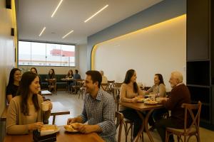 un grupo de personas sentadas en mesas en un restaurante en Dok Brasília Hotel Unidade Águas Claras, en Taguatinga