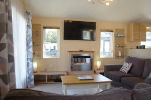 a living room with a couch and a fireplace at Morannedd Lodge Barmouth Bay in Llanddwywe