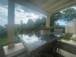 a table with a potted plant on a patio at Villa Sabina in Lido di Camaiore