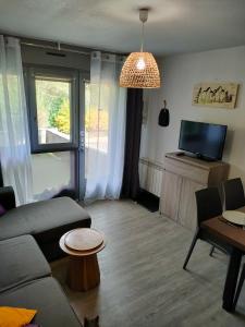 a living room with a couch and a table at T2 familial 4-5 pers bord de la neste, parking privé gratuit in Vielle-Aure