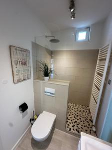 a bathroom with a white toilet and a shower at Sylt-Apartment in Hannover