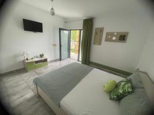 a bedroom with a bed and a television in it at Vara la Corbu in Corbu