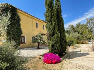 a house with pink flowers in front of a building at Vi Ja Villa Janas Cagliari Resort in Cagliari