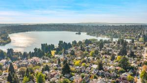 an aerial view of a town and a lake at Sunnyside Studio on Green Lake in Seattle