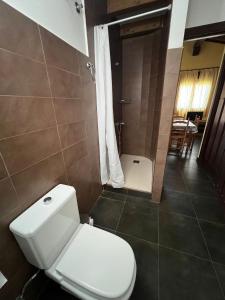 a bathroom with a white toilet and a shower at La Ondina del Madrigal in Casas del Monte