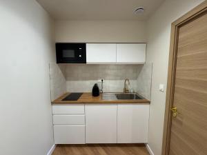 a small kitchen with a sink and a microwave at Studio cosy proche d Aix en Provence climatisé in Éguilles