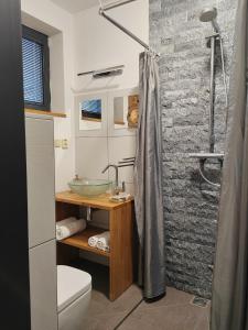 a bathroom with a sink and a shower at Penzion Malý in Krnov