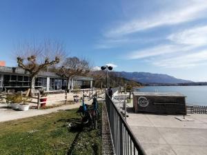a fence next to a body of water with a building at Le Renardeau in Brison-Saint-Innocent