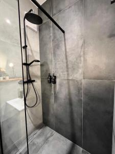 a shower with a glass door in a bathroom at Goldstadt Apartments in Pforzheim +128 photos