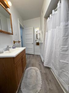 a bathroom with a sink and a white shower curtain at Peaceful 1 BR Home with parking near hospital in Wilmington +11 photos