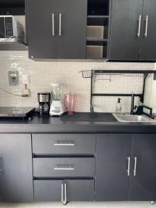 a kitchen with black cabinets and a counter top at Loft cerca de todo con cochera in León +2 photos