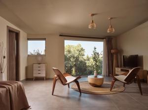 a living room with two chairs and a large window at Ilision - Contemporary Living Residences in Argassi