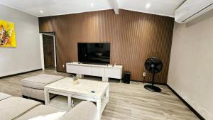 帕拉马里博Blue Donkey - Saint Kitts的客厅里有一张沙发和一台电视