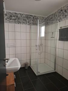 a bathroom with a shower and a sink at Ferienwohnung Im Wiesenrain in Hausen-Wied +23 photos
