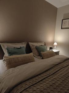a bedroom with a large bed with two pillows at holiday home Zonnestraal in Zonhoven