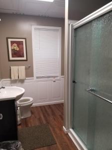 a bathroom with a shower and a toilet and a sink at Gray Goose - Close to Falls & Casino in Niagara Falls +18 photos