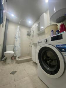 a bathroom with a washing machine and a toilet at Zhorzholiani House - Betkili in Lakhiri