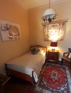 a bedroom with a bed and a lamp and a rug at Casa dos Leones in Santiago +6 photos