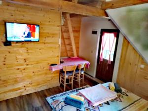 a room with a table and a tv in a log cabin at Konaci Gradina 3 in Zaovine