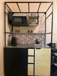 une cuisine avec un évier et un micro-ondes dans l'établissement HAREM romantic apartment, à Eger