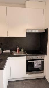 a kitchen with white cabinets and a stove and a sink at Josephines Studio in Schaffhausen