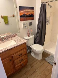 a bathroom with a toilet and a sink and a shower at Sunny Condo Steps from Sand in San Diego