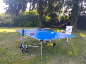 a blue ping pong table in a field with a chair at House on the edge of the forest in Dolomieux +2 photos