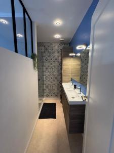 łazienka z umywalką i lustrem w obiekcie Charmante petite maison en plein centre-ville w mieście Mayenne