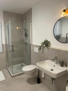 a bathroom with a shower and a toilet and a sink at CharmÖHR Homes in Öhringen