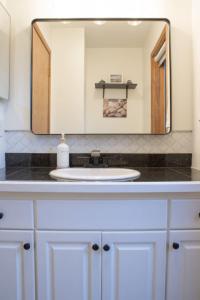 Un mostrador de baño con un lavabo y un espejo. en Resort Hot Tub Pool Gym Ski-in out Fire Pits, en Lutsen