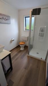 a bathroom with a toilet and a glass shower at Glacier Barn House in Tatare