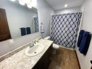 a bathroom with a sink and a toilet and a shower at The Westview Cabin in Valemount +23 photos