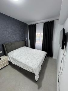 Un dormitorio con una cama y un televisor de pantalla plana. en DE Apartment, en Rădăuţi