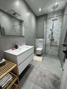 Un baño con lavabo blanco y ducha. en DE Apartment, en Rădăuţi