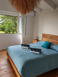 Un dormitorio con una cama con sábanas azules y una ventana. en Villa MourAmour, en Saint-Leu