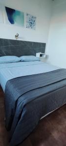 a bed with a blue blanket on top of it at Destino Termal in Federación